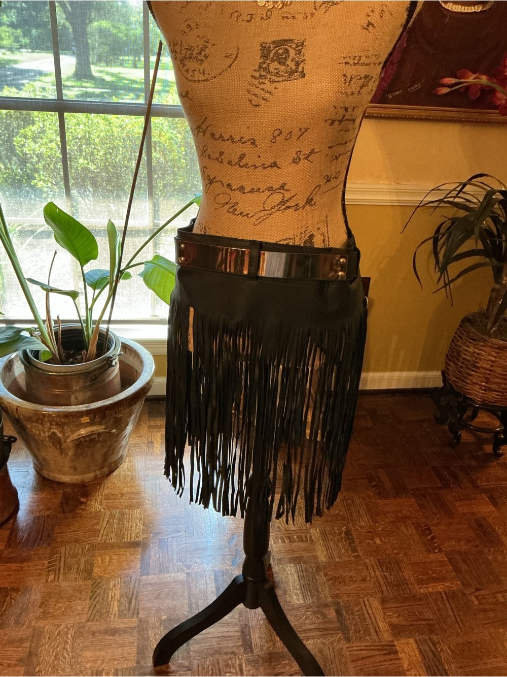 Black Fringe Hip Belt with Metal Plate Accent